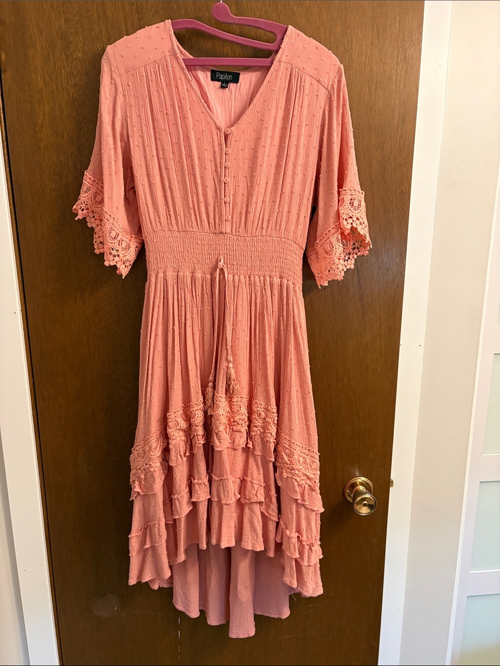 Papillon Blanc Coral Pink High-Low Lace Tiered Dress